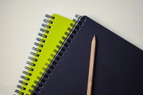 2 spiral notebooks, one lime green and one black