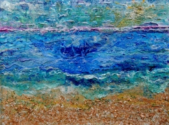 Painting of plue water with brown sand