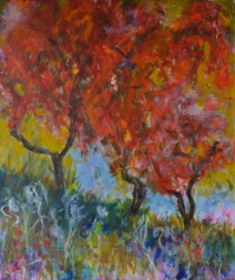 Painting of red trees on blue and green background