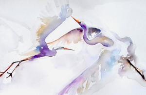 Egrets taking flight purple and blue watercolor on white