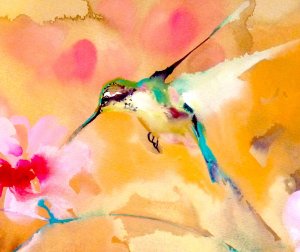Hummingbird in green white and Aqua on yellow and pink background