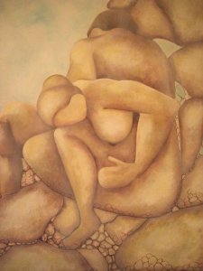 Painting of human figures in shades of brown