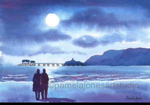 Painting of a couple looking over the water at the moon all in shades of blue