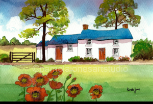 Painting of a white cottage with blue roof on a pale green field with poppies in the foreground