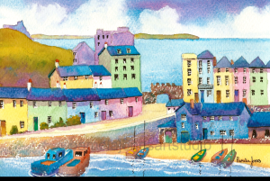 Painting of harbour with buildings behind in pink, blue, yellow, green pastels