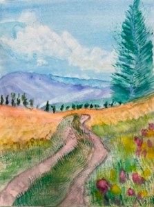 Path through fields with mountains in the background