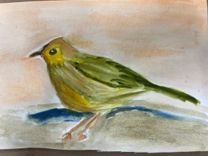 Green and brown bird perched on a blue twig