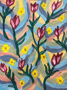 design of pink tulips with red outlines and small yellow flowers 