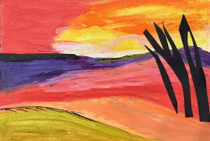 Landscape with orange, purple and yellow with black bare tree on the right