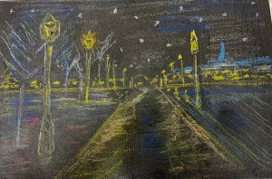 Winter night scene of street lanterns agains a starry sky