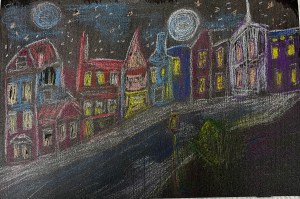 Winter night scene of houses against a starry night sky